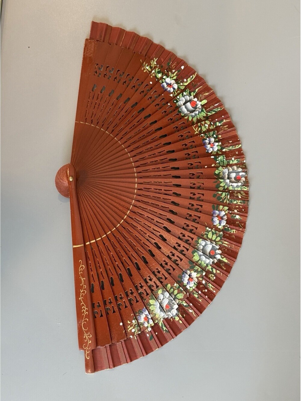 Vintage Hand Painted Spanish Fan with Lacquered Wood Frame 17” Large Great Cond